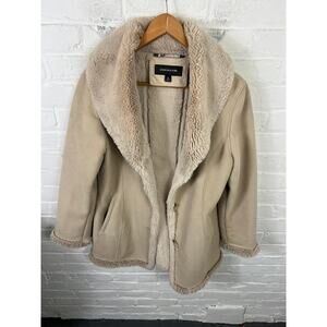 Jones New York Women's Wool Shearling Coat Collared Long Sleeve Beige Size M